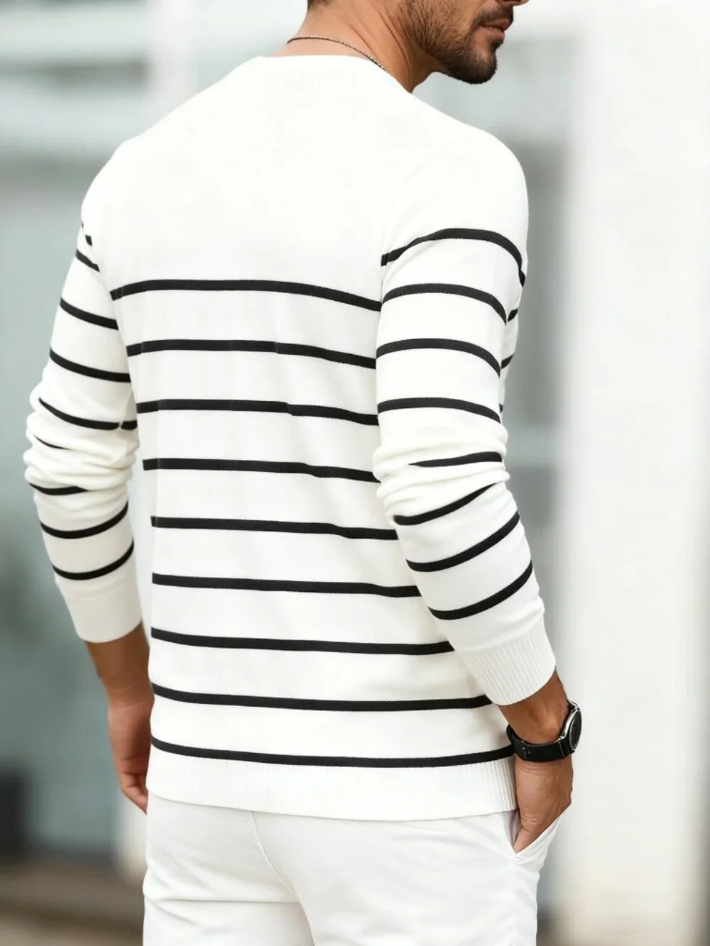 White Casual Men's Striped Crewneck Sweater Regular Fit